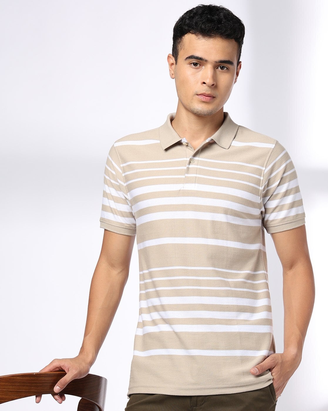 NETPLAY Men Striped Slim Fit Polo T-Shirt For Men (Beige, XL)
