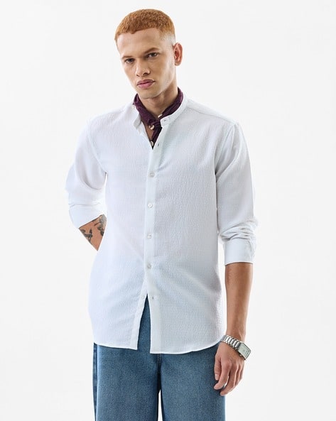 Men Slim Fit Shirt with Band Collar
