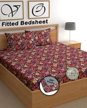 cg homes 180 TC Floral Print Double Fitted Bedsheet with Pillow Covers-picture-35