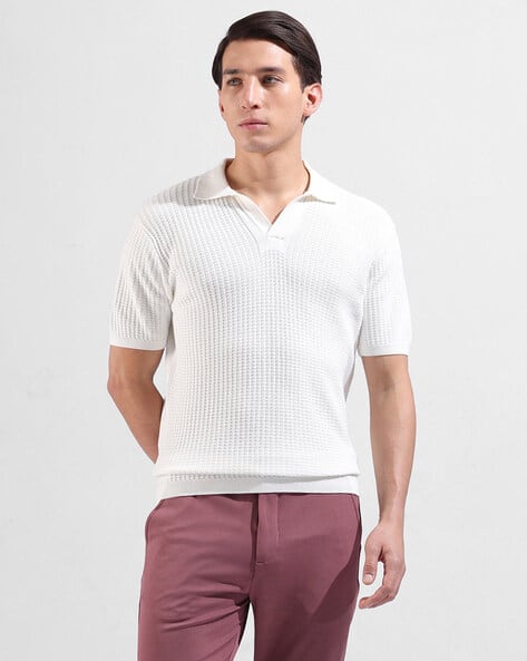 The Indian Garage Co Men Slim Fit Textured Flatknit Half Sleeves Polo T-Shirt