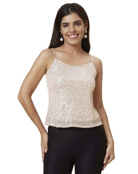 Women Sequin Embellished Strappy Shoulder Party Top