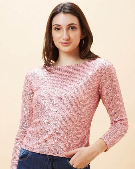 Women Boat Neck Sequin Embellished Stripeds Party Top