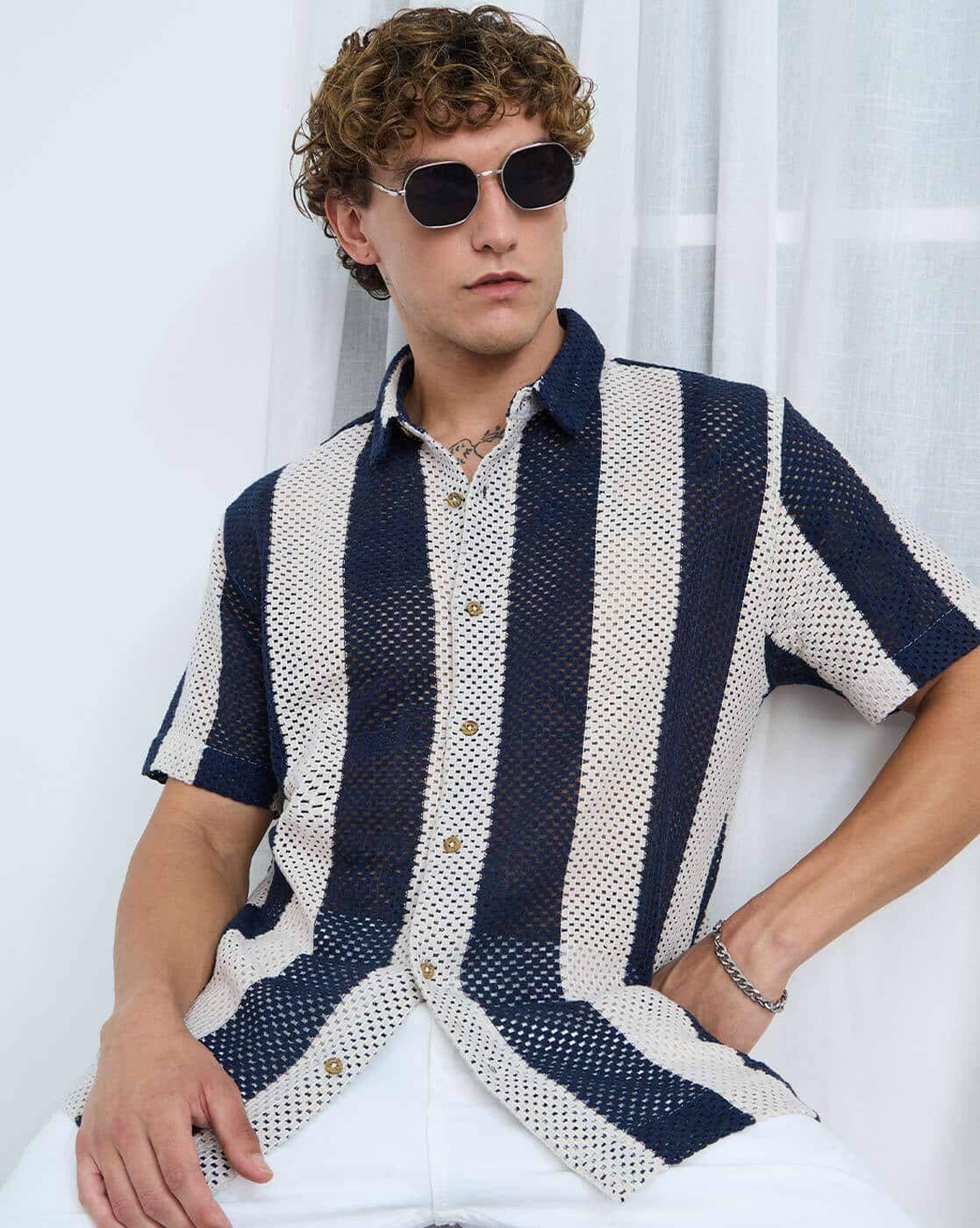 THE SOULED STORE Open-Knit Shirt Navy Stripes|The Souled Store  - Men Textured Regular Fit Shirt with Short Sleeves