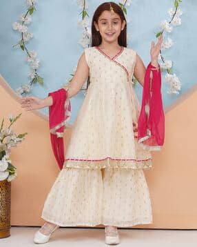 Girls Floral Print Angrakha Kurta & Sharara Set
