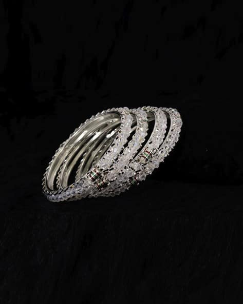 NMII Women Set of 4 Silver-Plated American-Diamond Studded Bangles