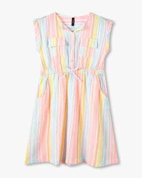 Girls Striped Fit & Flare Dress with Flap Pokets