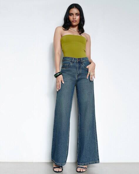 Women Heavily Washed Wide-Leg Jeans