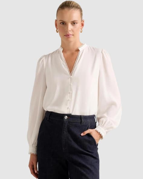 Forever New Women Relaxed Fit Blouson Top with Lace Detail