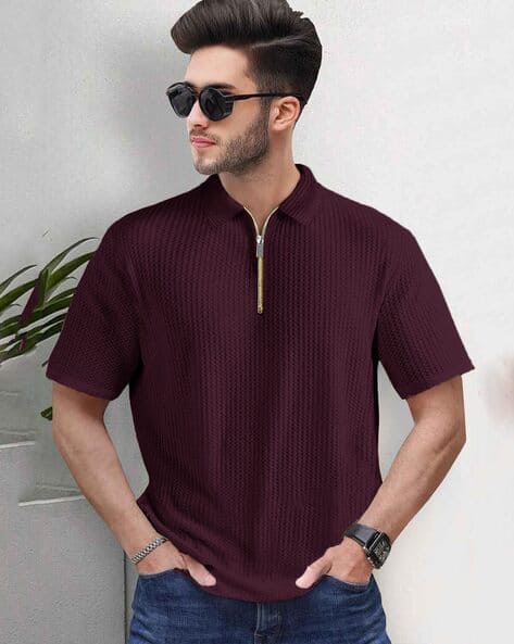 Hoodler Men Popcorn Regular Fit Polo T-Shirt with Zipper