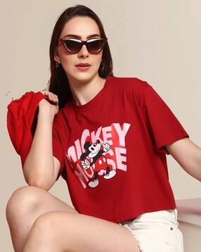 fabflee x ag Women Micky Mouse Print Regular Fit Crew-Neck Crop T-Shirt-picture-29