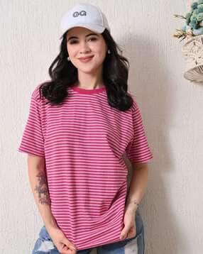 oyeebro Women Striped Oversized Fit Round-Neck T-Shirt-picture-11