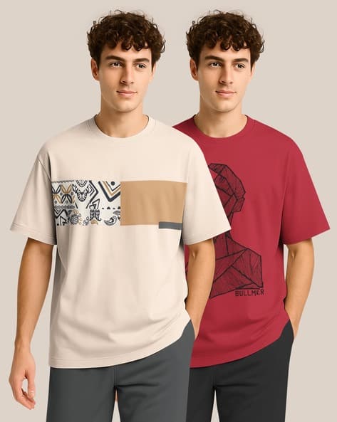 Bullmer Men Pack of 2 Graphic Print Oversized Fit Round-Neck T-Shirts