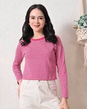 oyeebro Women Striped Regular Fit Crew-Neck Crop T-Shirt-picture-37