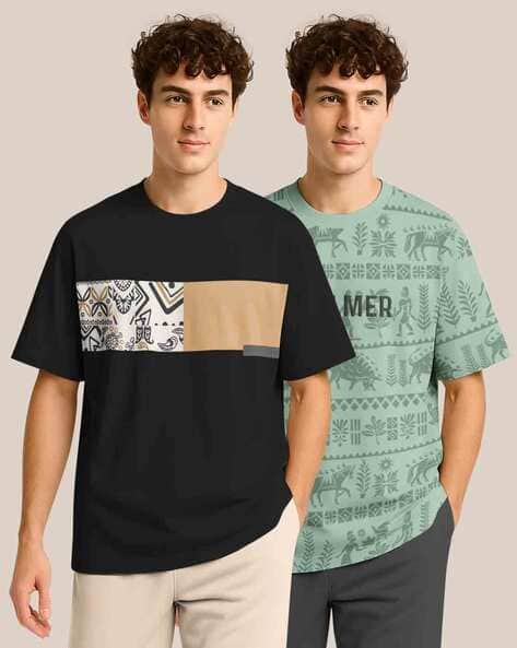 Bullmer Men Pack Of 2 Graphic Oversized Fit Crew-Neck T-Shirt