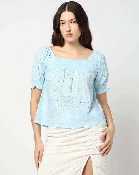 Women Schiffli Embroidered Top with Puff Sleeves