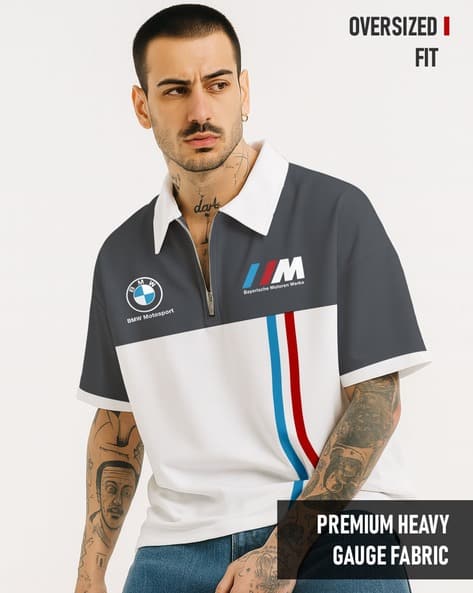 BMW MOTO GP-Men Typographic Print Oversized Fit Polo T-Shirt