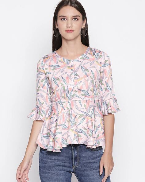 Leaf Print Top with Ruffled Hemline