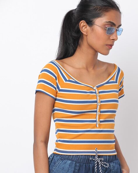Striped Short Henley Neck T-shirt