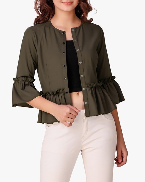 Olive Green Umbrella Style Falred Plazo And Flared Peplum Jacket