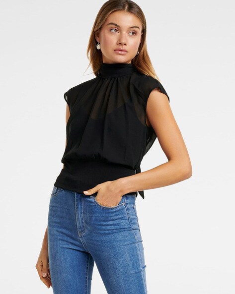 High-Neck Blouse with Tie-up