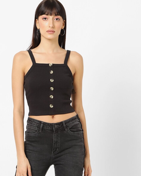 Buttoned Front Strappy Crop Tank Top in Black