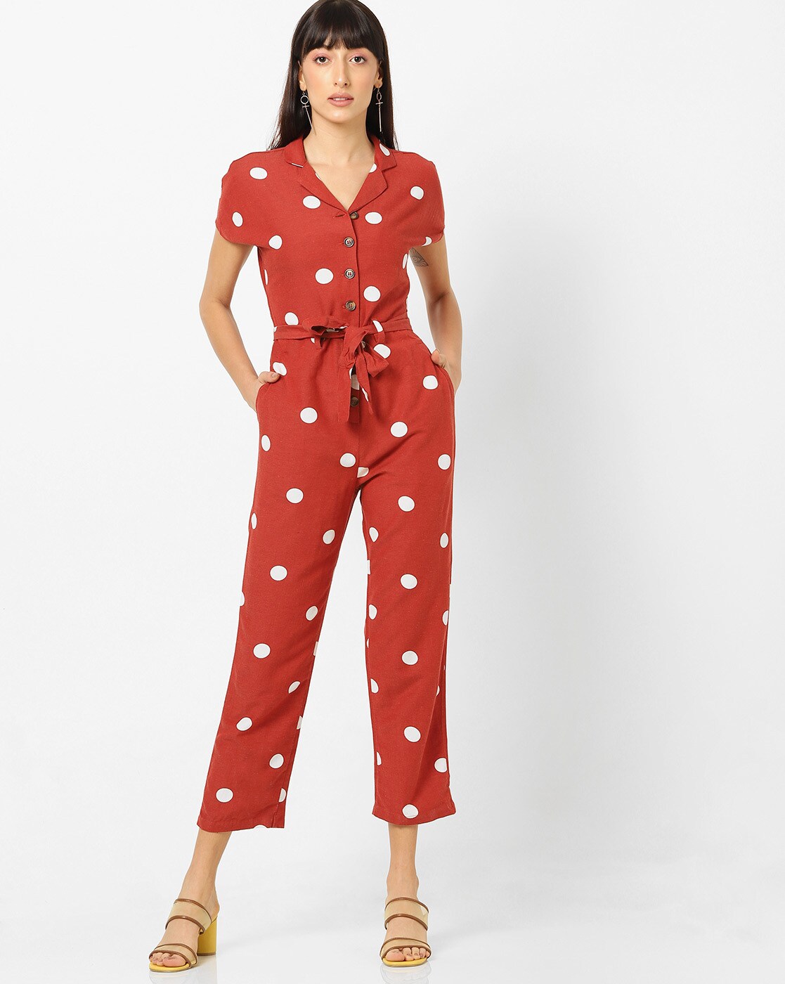 red polka dot jumpsuit