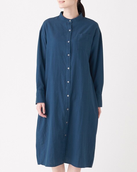 Indian Cotton Indigo Double-Gauze Stand-Collar Dress
