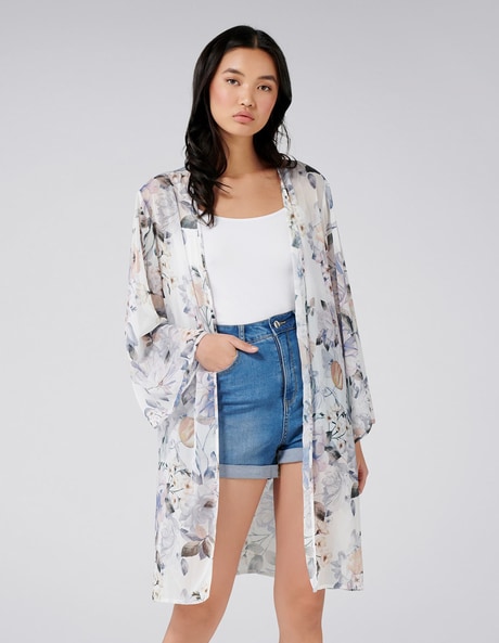 Floral Print Front Open Shrug with Kimono Sleeves