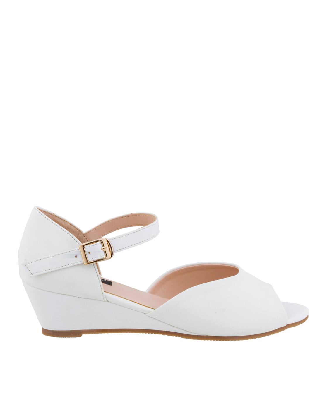 white closed toe wedges with ankle strap