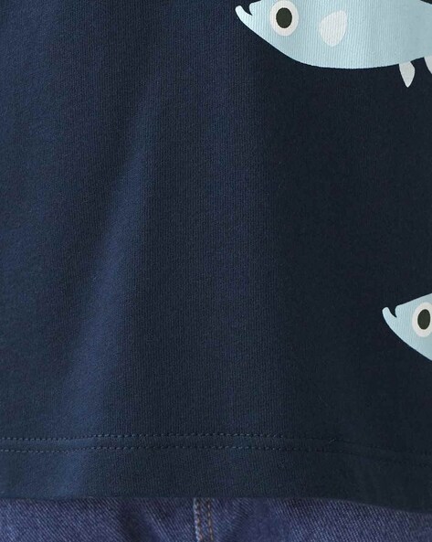 Indian Cotton Fish Print Crew-Neck T-shirt