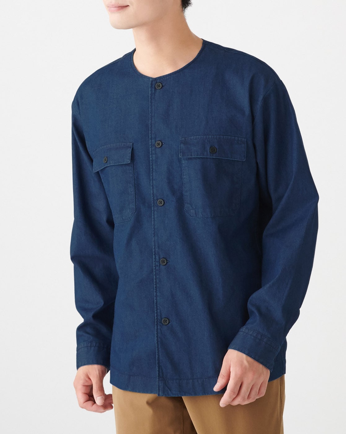 Buy Maison Margiela men collarless blue denim jacket for €475 online on  SV77, S50AM0527/S30561/966