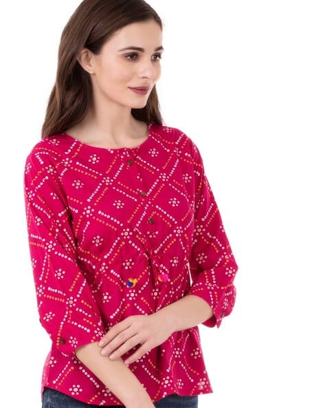 Micro Print Slim Fit Top with Tie-Up (Image - 3)