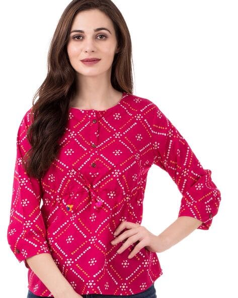 Micro Print Slim Fit Top with Tie-Up (Image - 1)