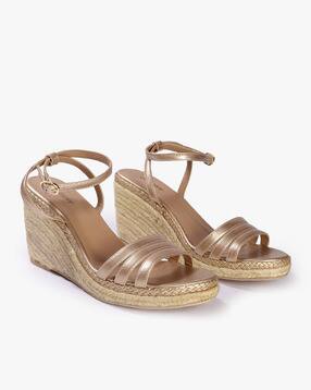 Outryt Women Ankle Strap Gold Espadrille Wedges