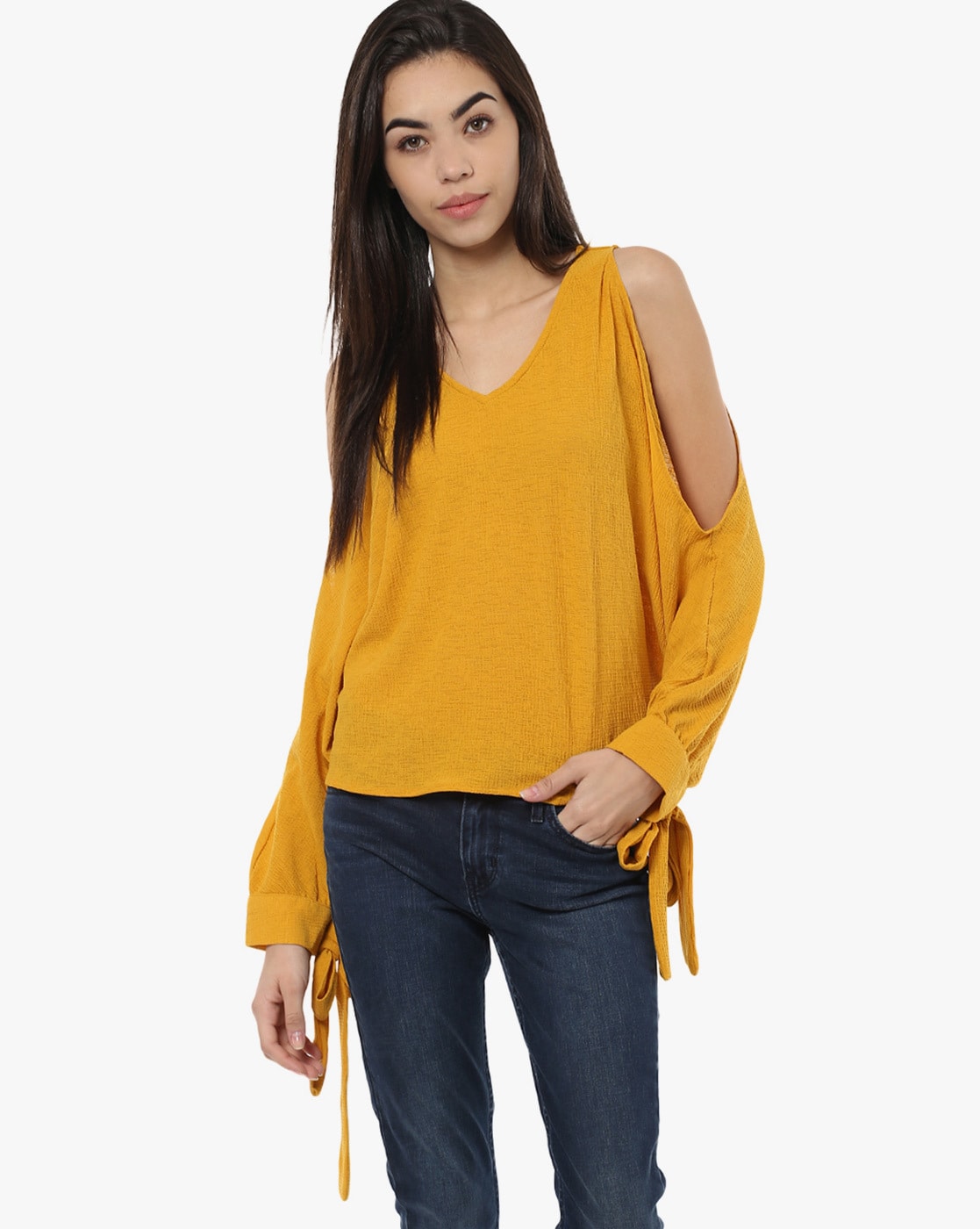 mustard yellow cold shoulder top