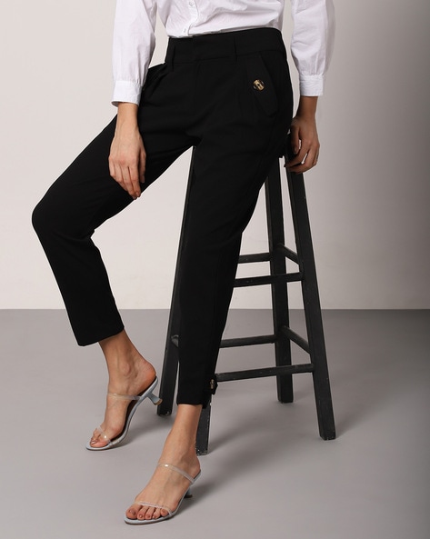 Buy FOREVER NEW Black Solid Polyester Tapered Fit Womens Trousers   Shoppers Stop