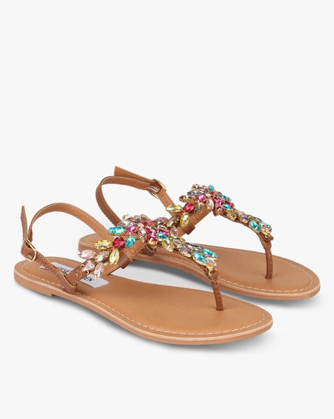 Shuttle T strap Flat Sandals with Embellishments