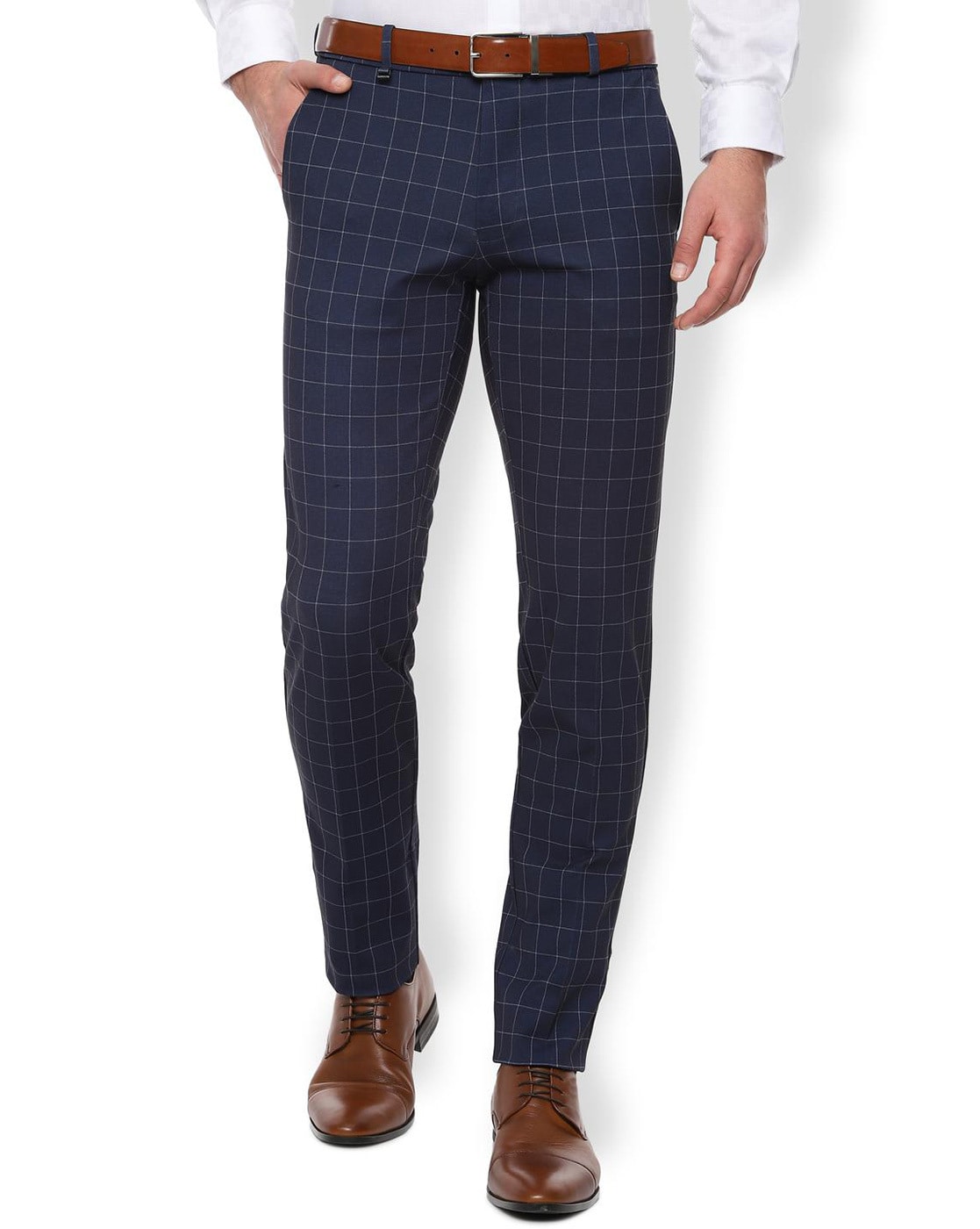 Buy Navy Blue Mid Rise Check Trousers for Men