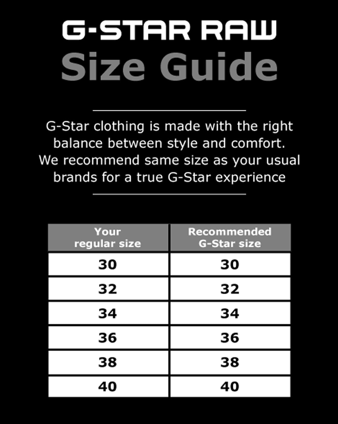 g star raw size guide