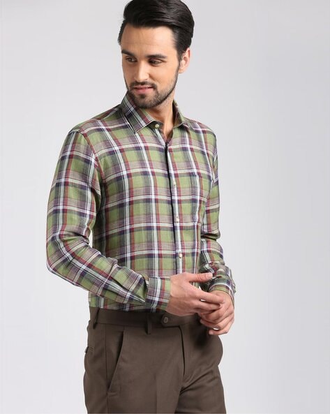 Buy Green Check Print Linen Shirt for Men