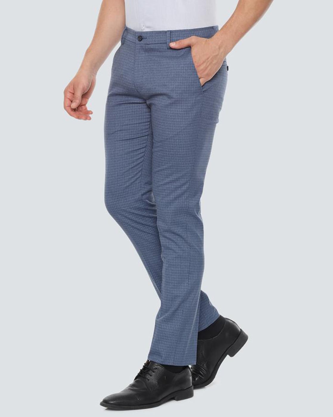 Men Blue Regular Fit Textured Flat Front Formal Trousers, Louis Philippe, Bistupur