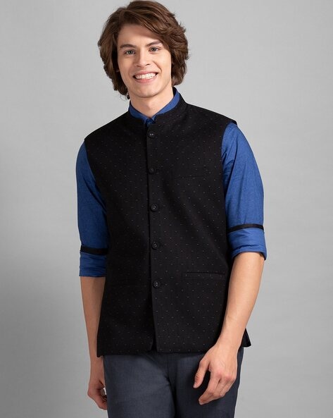 Textured Slim Fit Nehru Jacket with Mandarin Collar