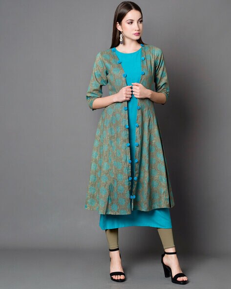 Block Print Round Neck A-line 2 Piece Kurta