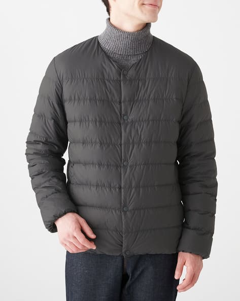 grey collarless jacket