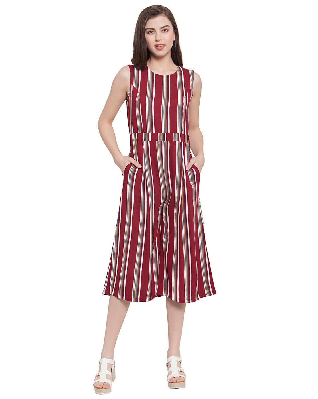 maroon striped jumpsuit