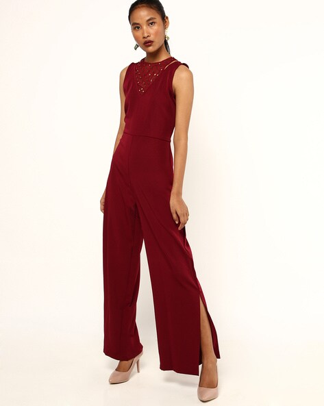 sleeveless red jumpsuit