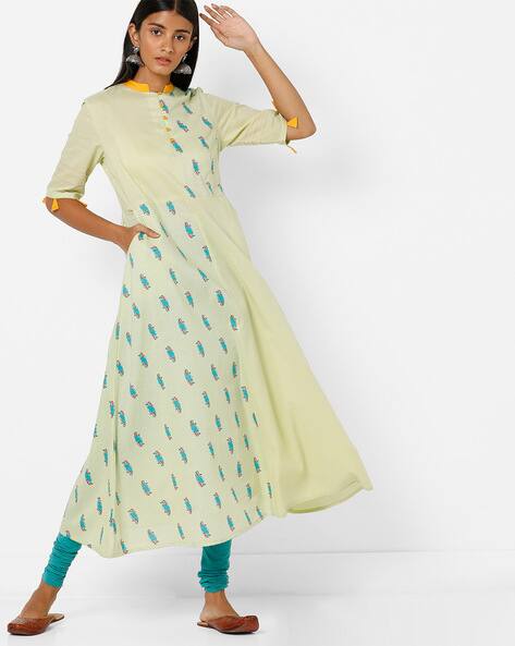 Panelled Bird Print A-line Kurta with Tassels