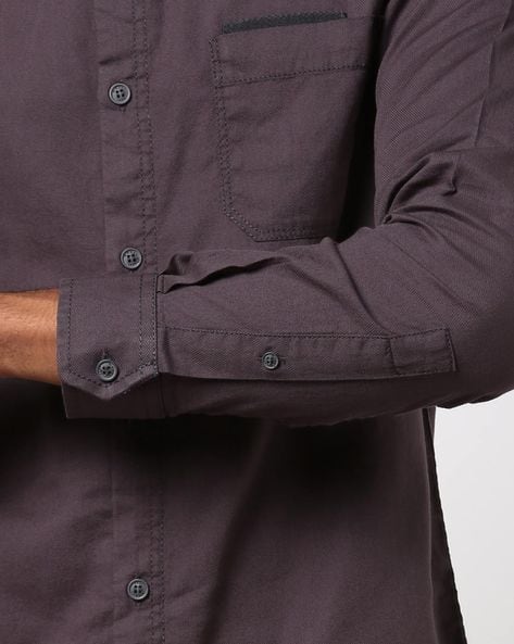 Textured Spread-Collar Shirt with Patch Pocket (Image - 1)