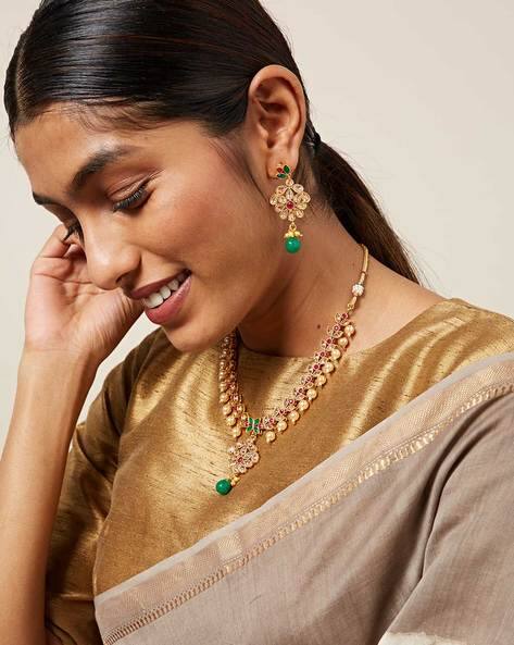 Traditional Metal Floral Necklace Set With Pearls & Stones By Rubans ( Gold )