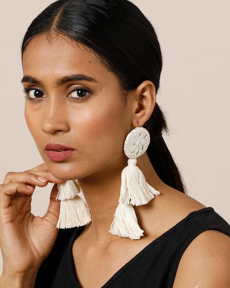 Buy DollsofIndia White Silk Thread Earrings for Women - Length - 2.75  inches (UB38) at Amazon.in